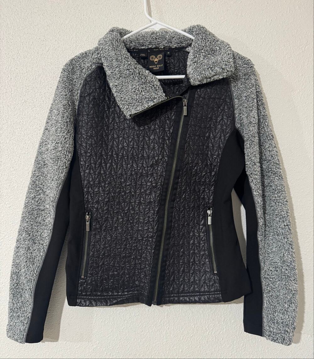 Wooly Bully Wear Womens M Mixed Media Asymmetrical Full Zip Fleece Jacket Winter